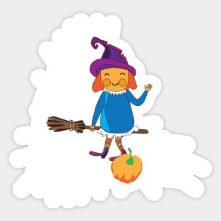 Little witch flying on the spider's net Sticker